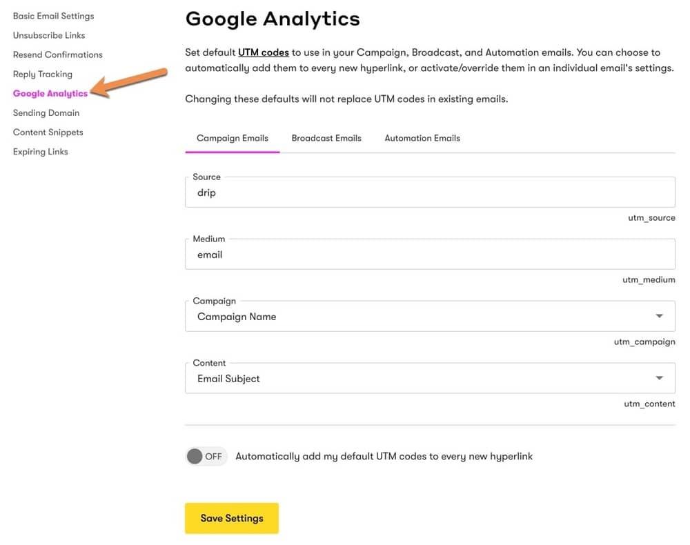 Drip - Google Analytics Settings